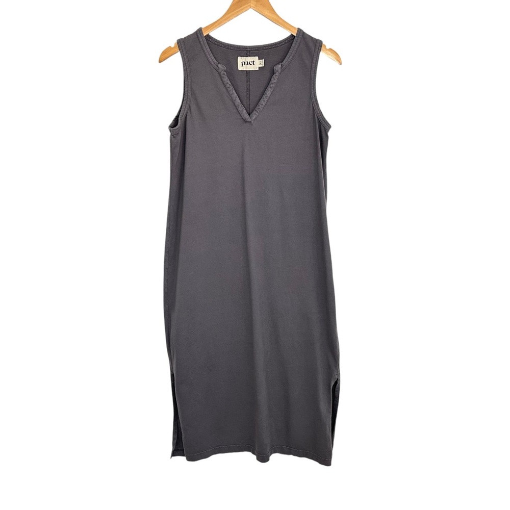 Pact Womens Organic Cotton V-Neck Midi Tank Dress Sz Medium Gray Casual